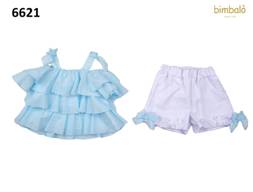 Bimbalo Shorts Set Ruffled Tie up Top & Shorts 6621 Blue / White